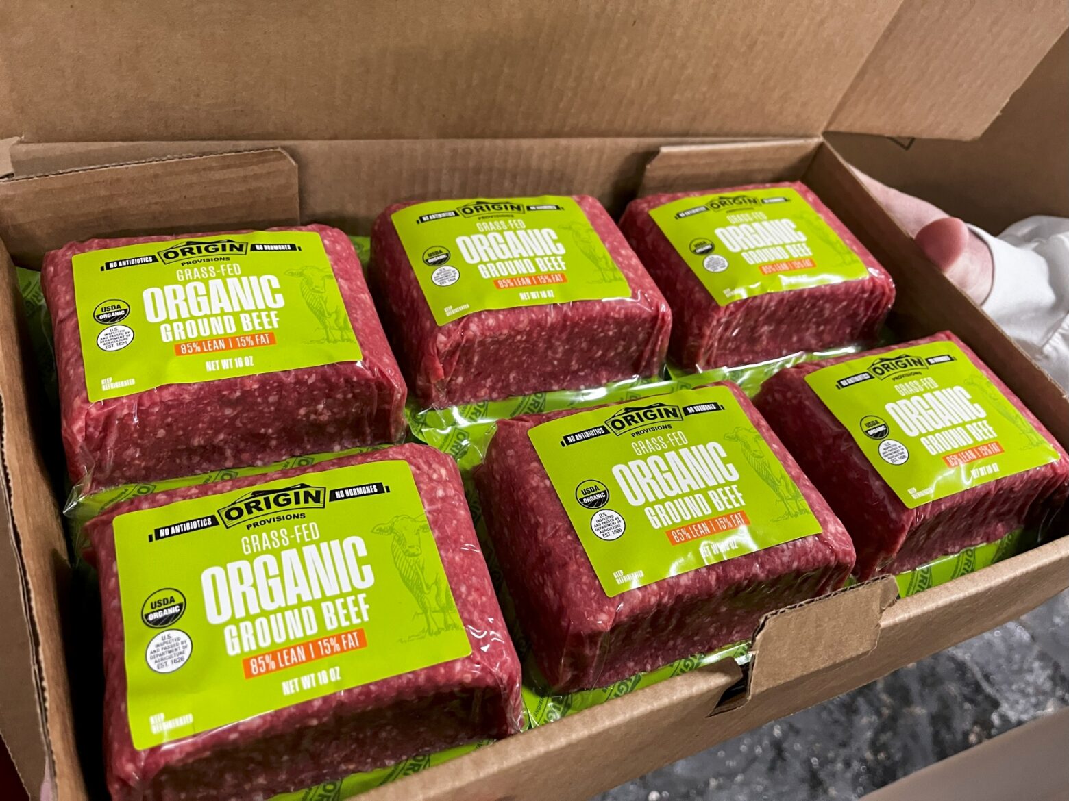 Origin Provisions ground beef packaged in a box for shipment.