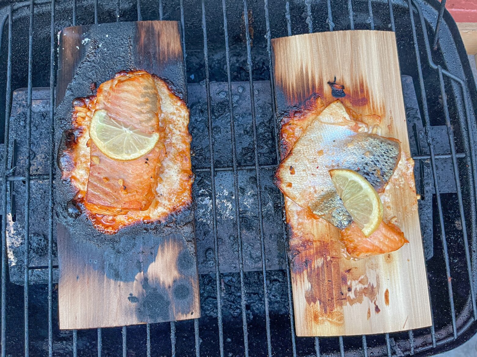 Cedar plank grilled salmon finished cooking.