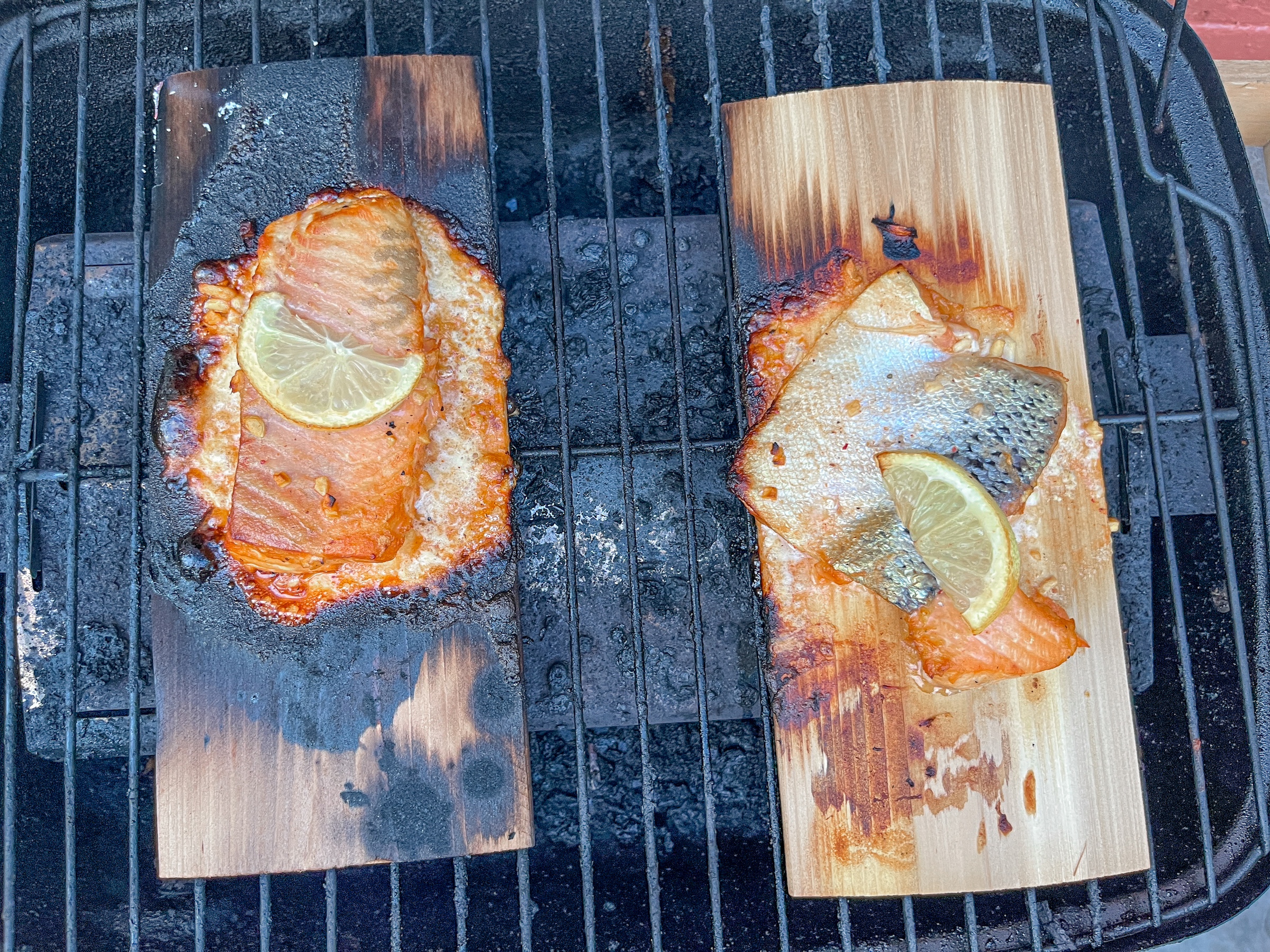 Cedar plank grilled salmon finished cooking.