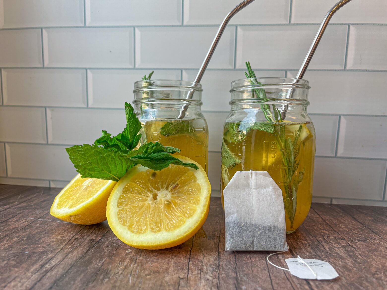 Iced lemon balm tea finished, close up.