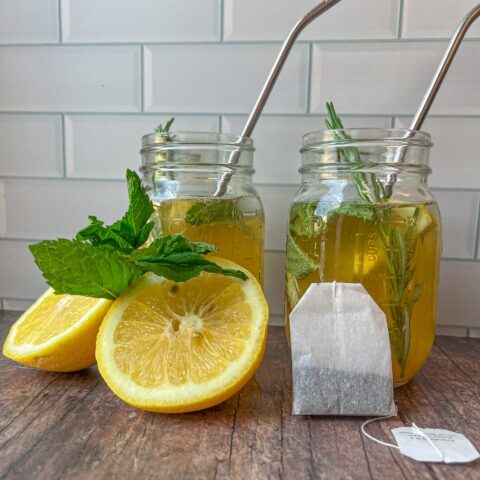 Iced lemon balm tea finished, close up.
