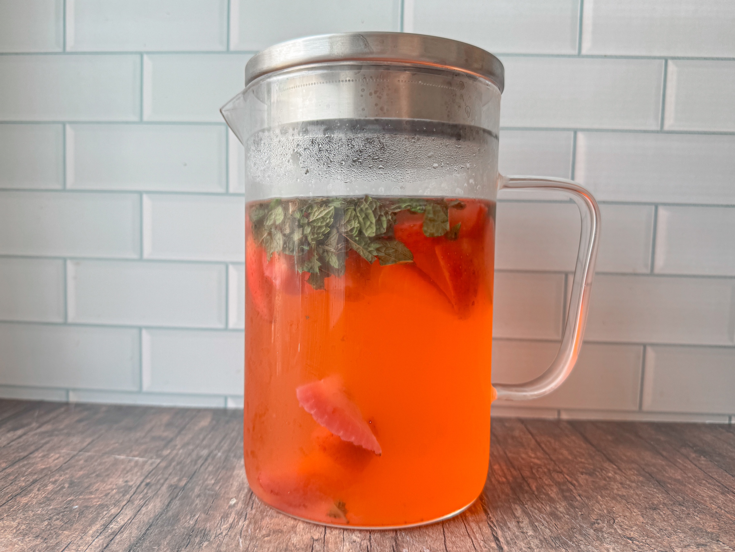 Infused water finished in a tall pitcher. 