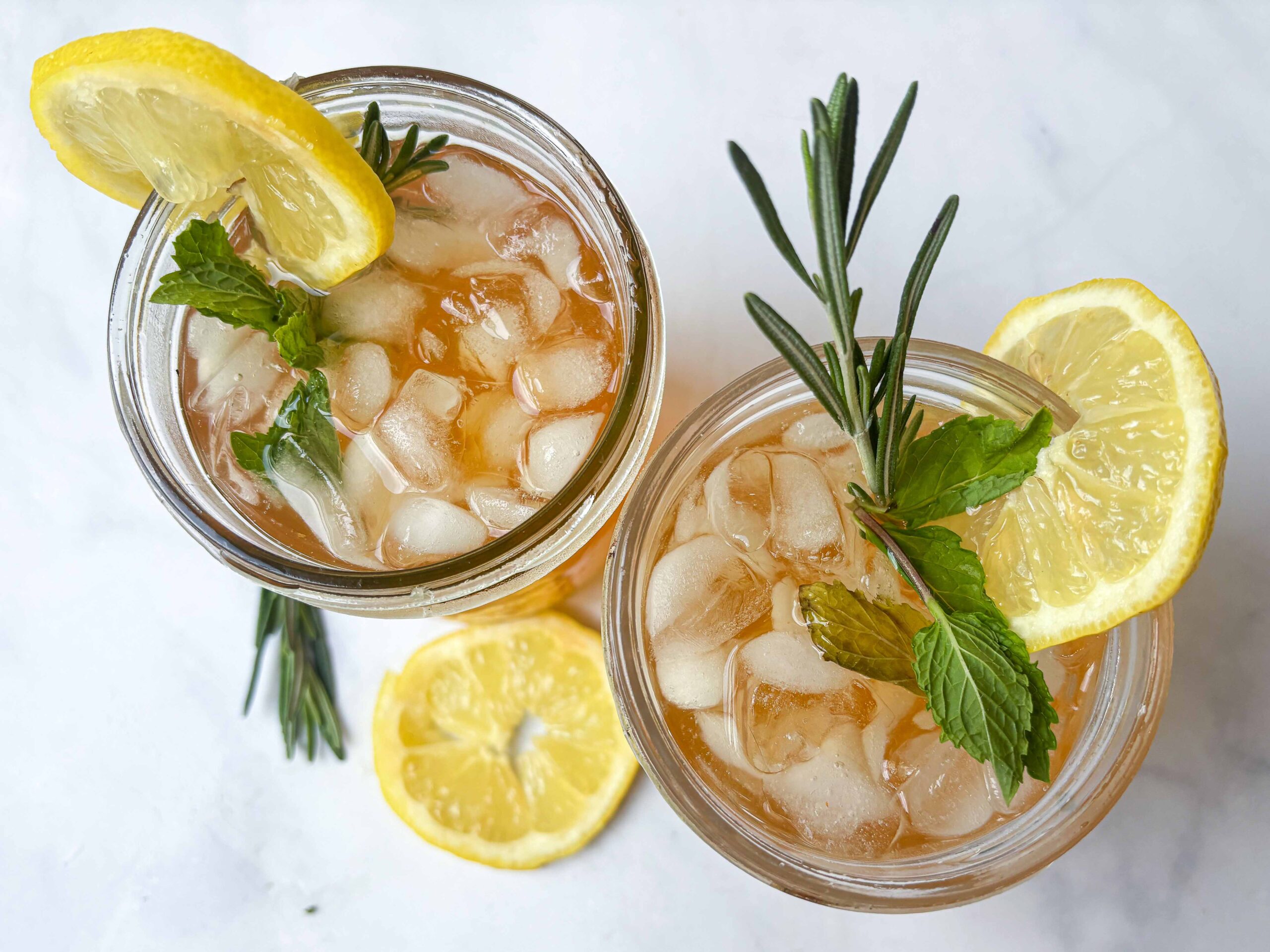 Above shot of two glasses of Iced Lemon Balm Tea