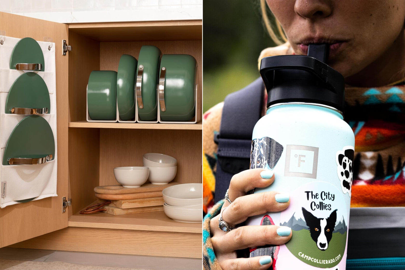 Composite image of a set of cookware in a cabinet and a close-up of someone drinking from a stainless steel water bottle.