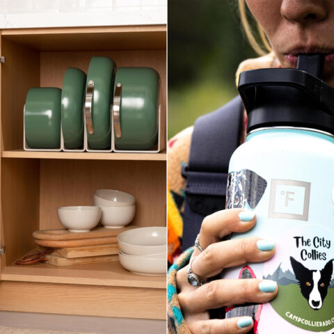 Composite image of a set of cookware in a cabinet and a close-up of someone drinking from a stainless steel water bottle.