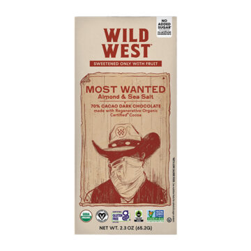 Most Wanted Wild West Chocolate, a dark chocolate bar with almond and sea salt.