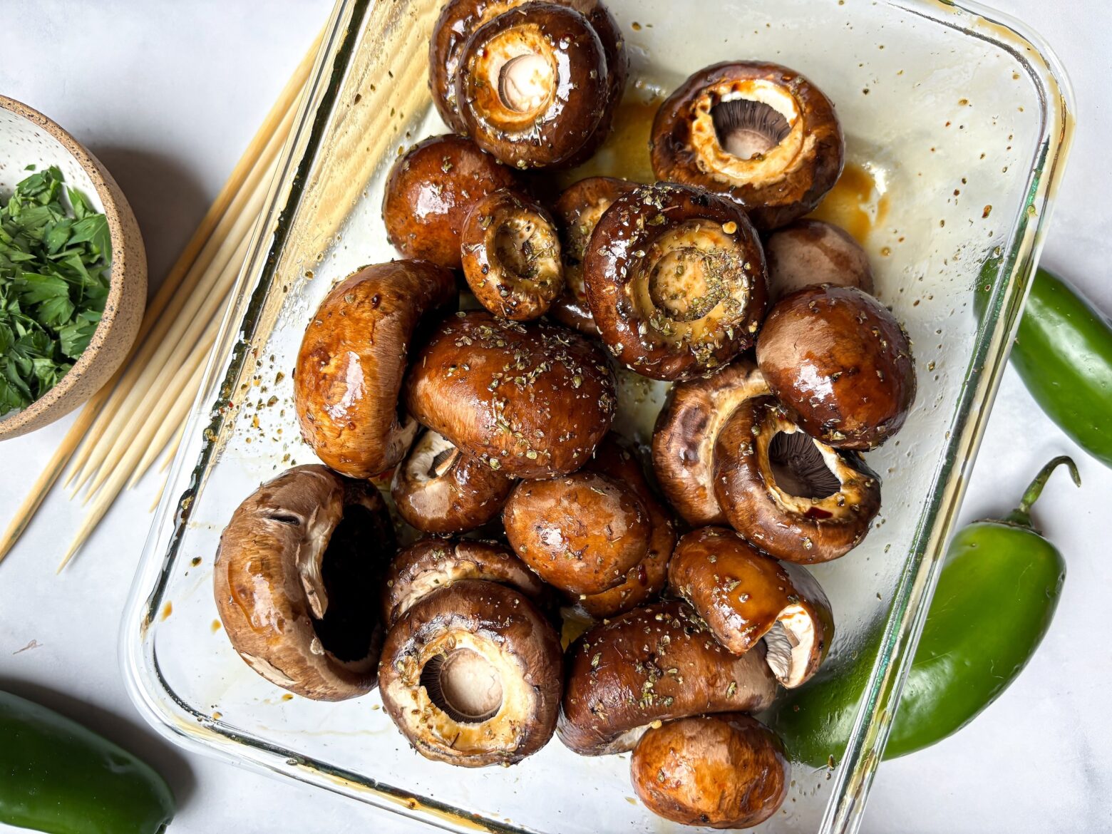 Mushroom Shish Kabobs being prepped and marinated.