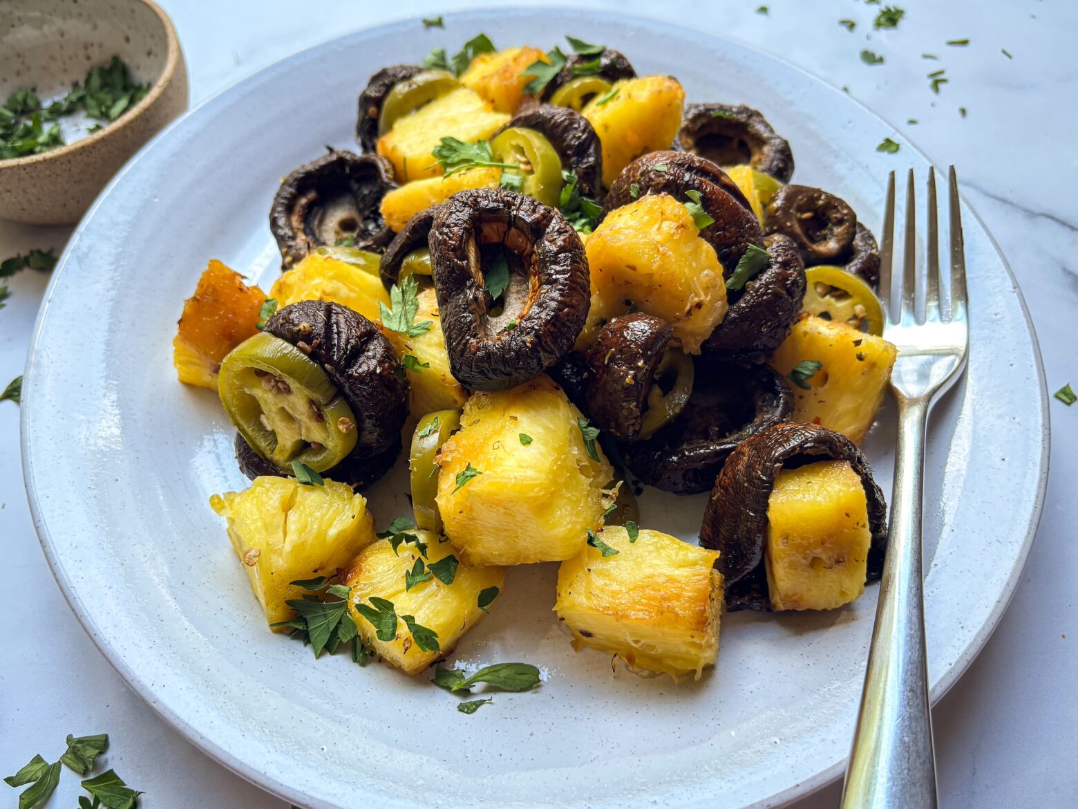 Mushroom Shish Kabobs finished, without skewer on a plate.