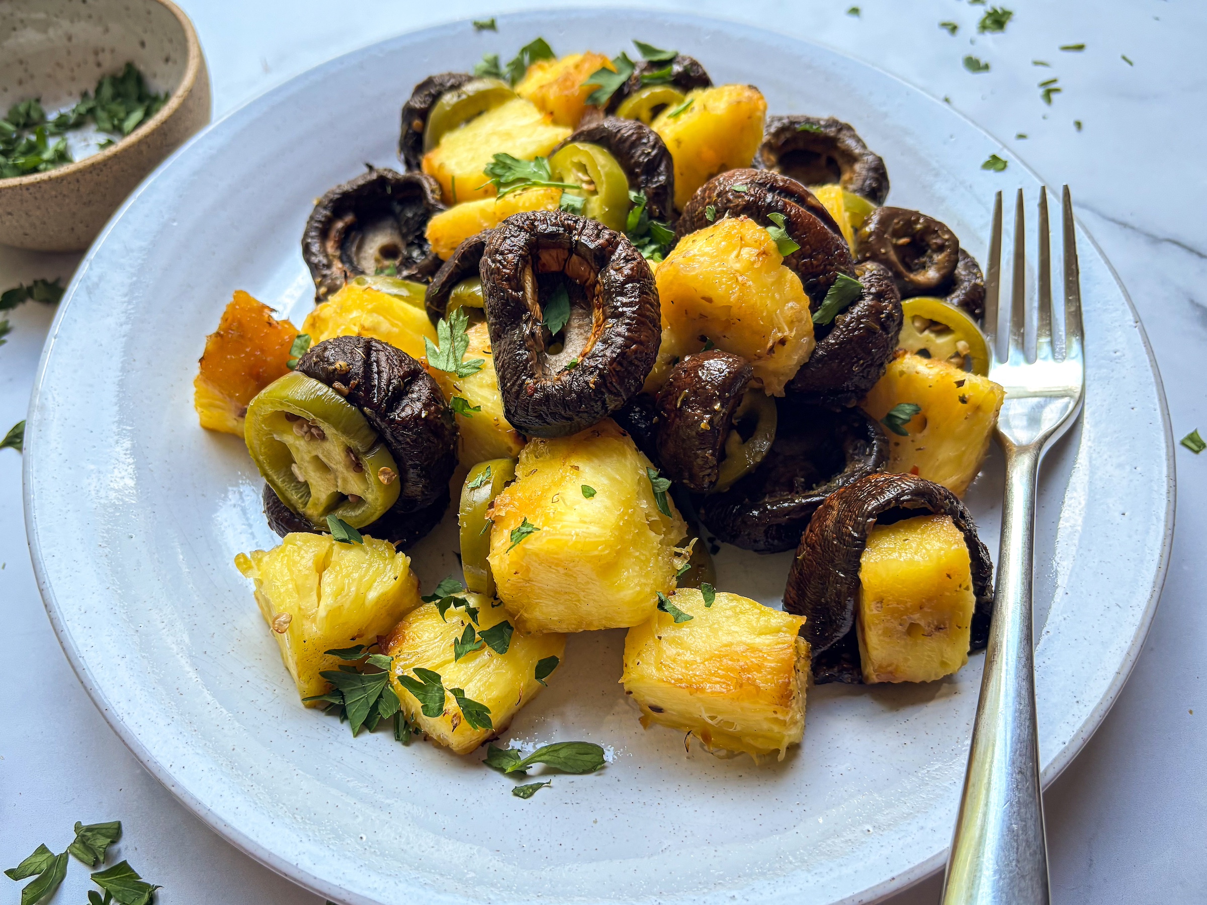 Mushroom Shish Kabobs finished, without skewer on a plate. 