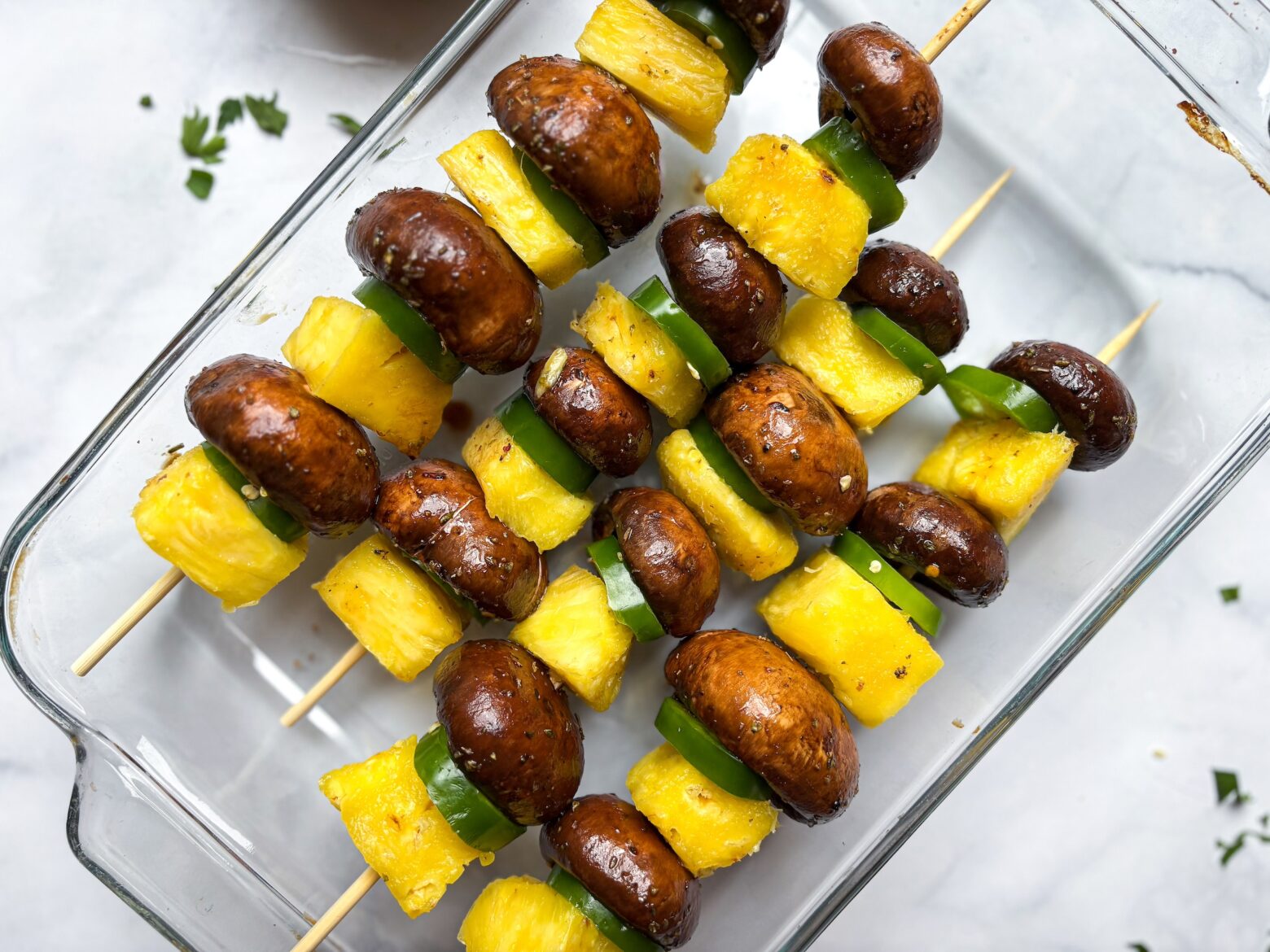 Mushroom Shish Kabobss being prepped, pre-grill.