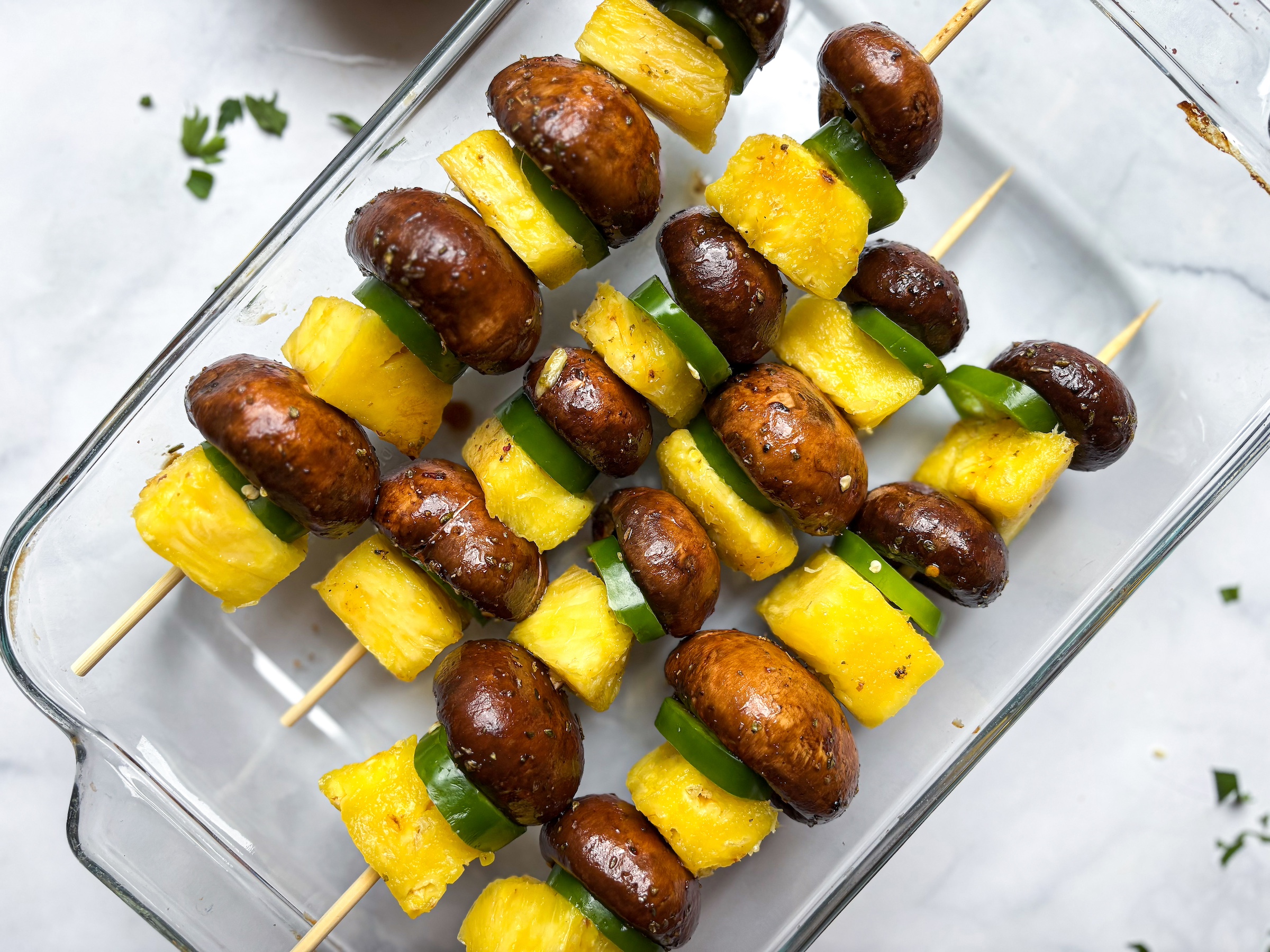 Mushroom Shish Kabobss being prepped, pre-grill. 