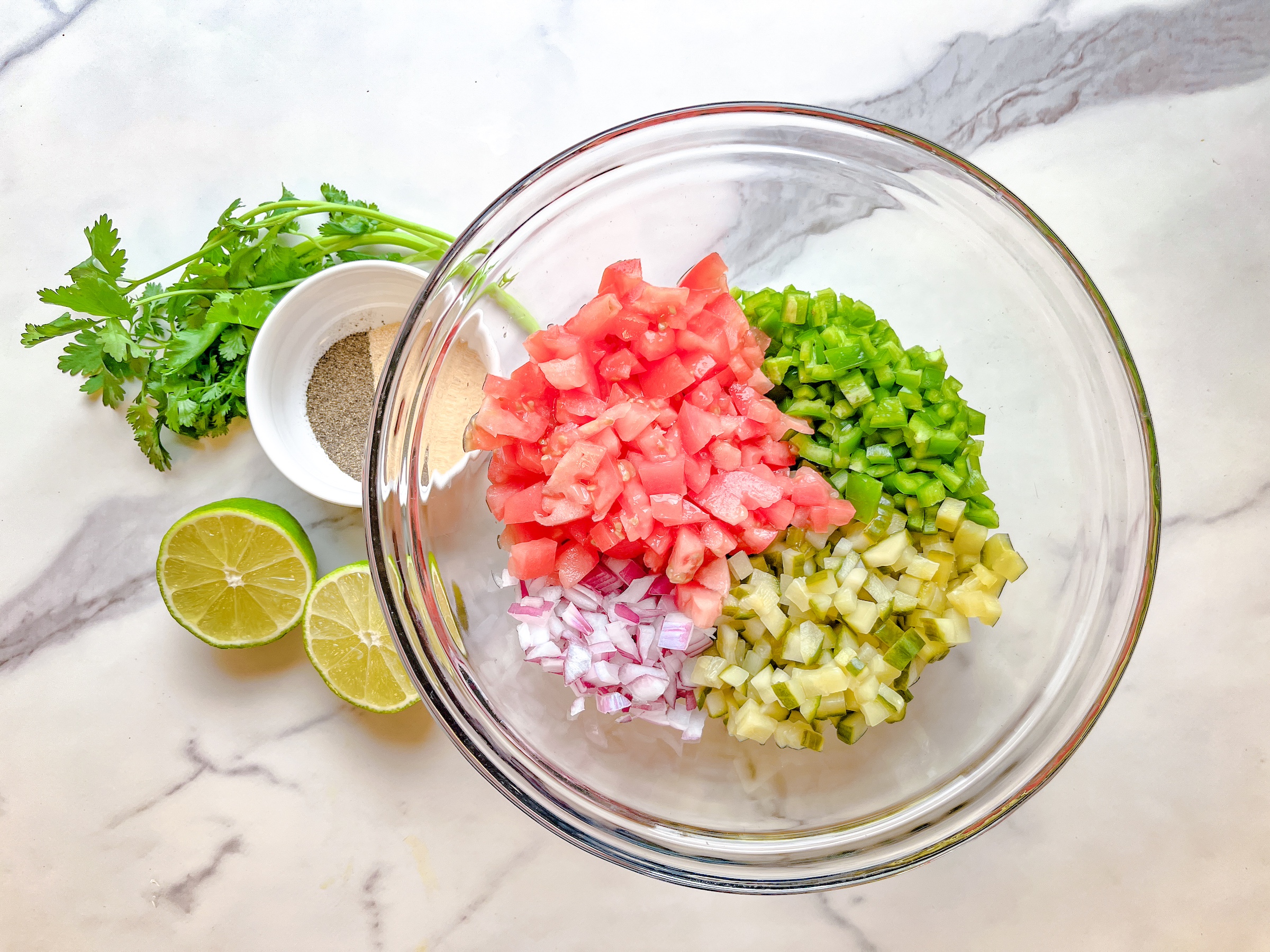 Pickle de gallo ingredients being prepped. 