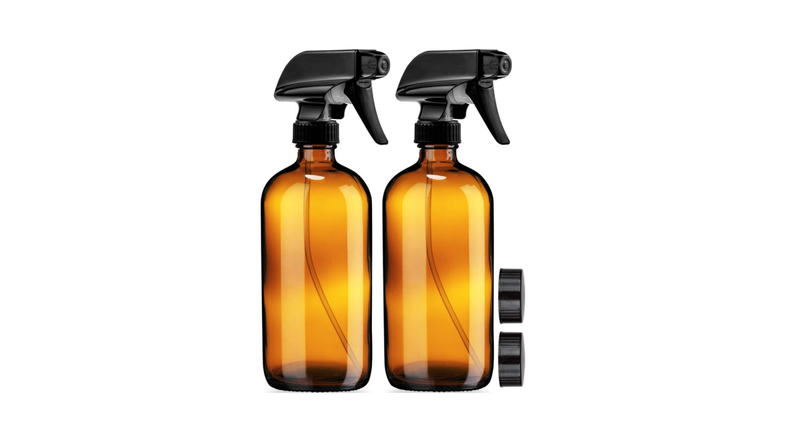 Pair of amber glass spray bottles with seal caps.