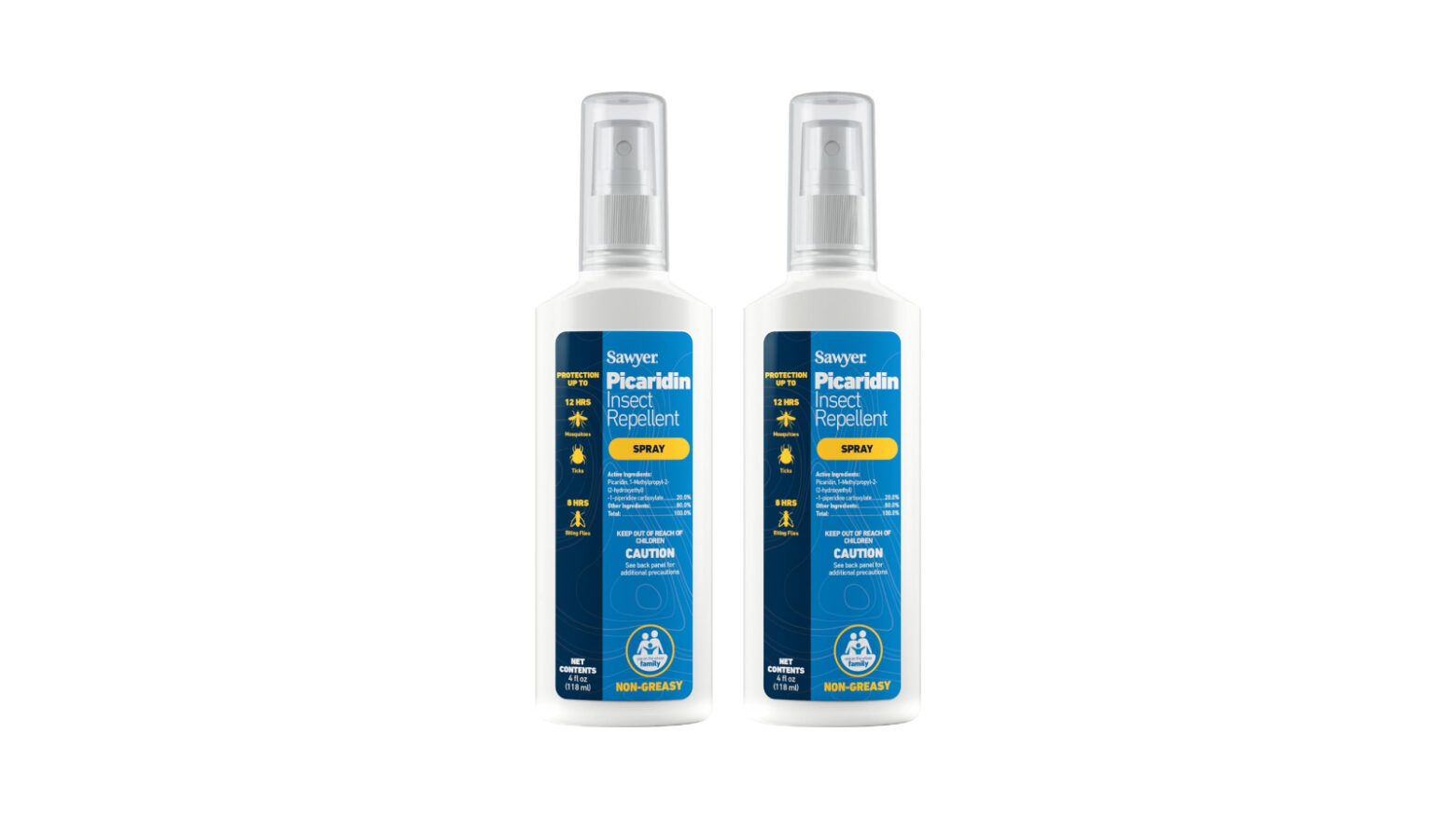 Two bottles of Sawyer Picaridin insect repellent spray.
