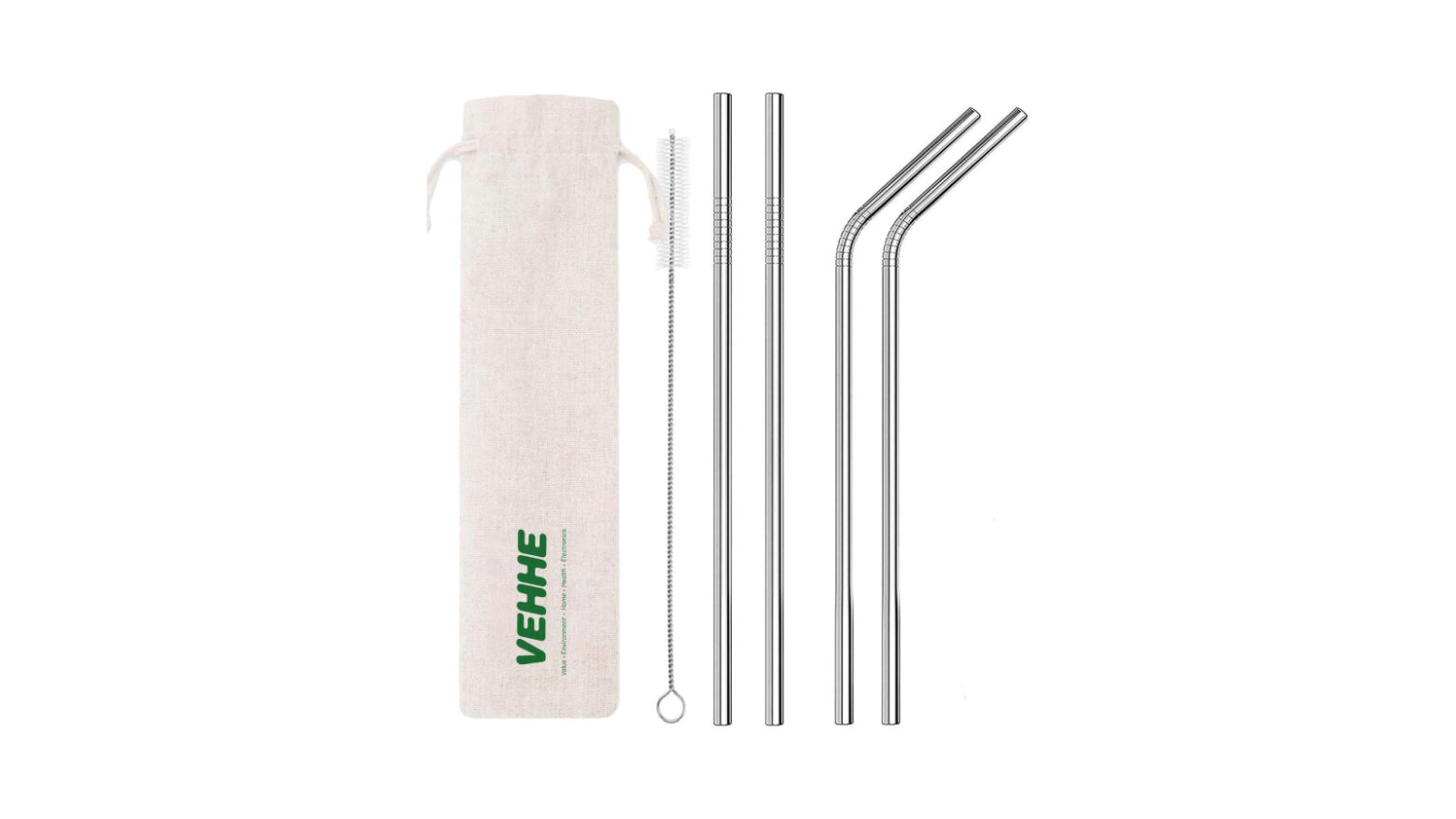 Set of Vehhee metal straws with carrying case and pipe cleaner.