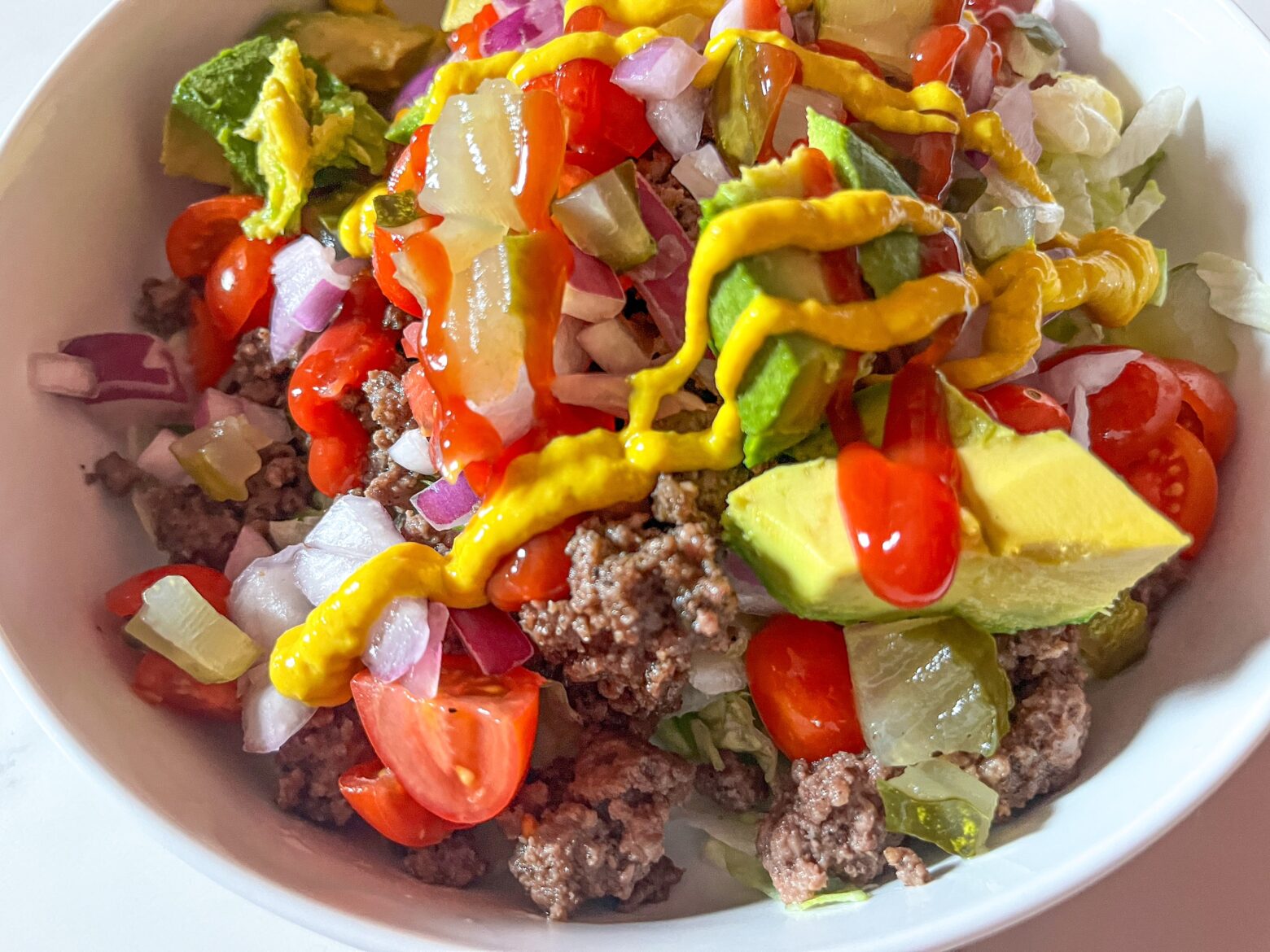 Ground beef protein bowl close-up.