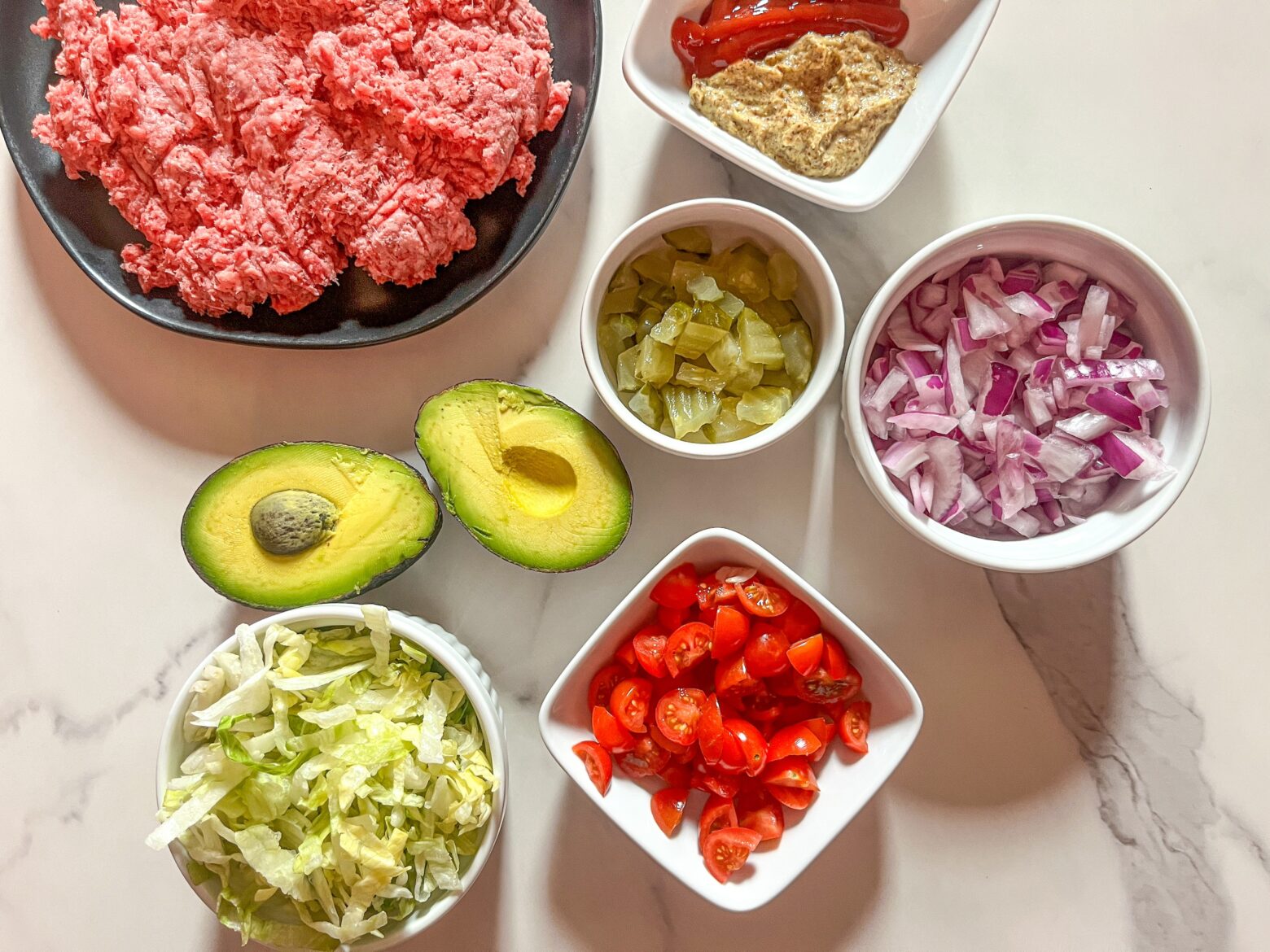 Ground beef protein bowl ingredients.