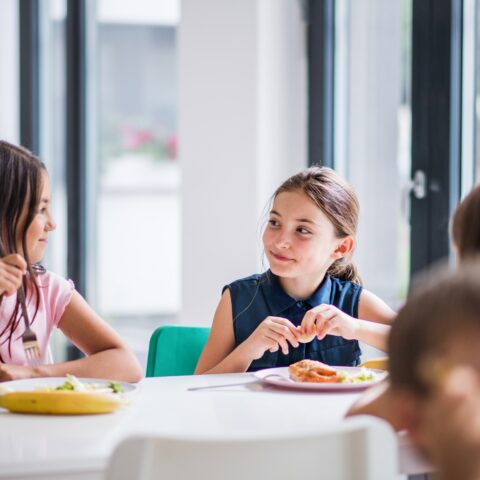 Two young girls enjoying a healthy school lunch.