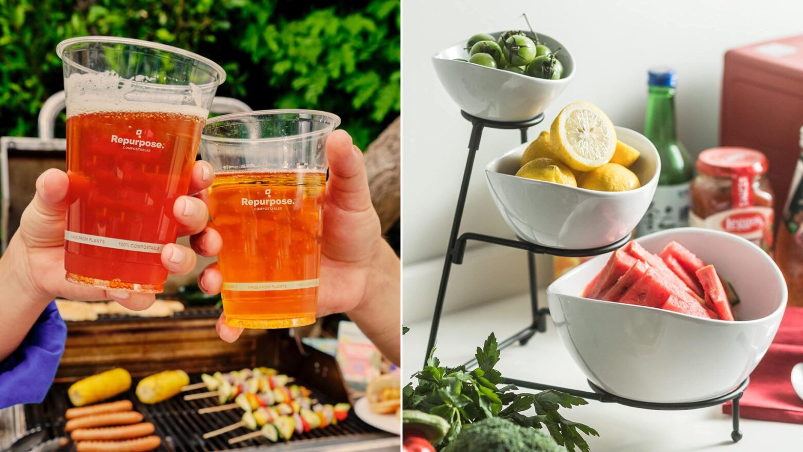 Composite image showing Repurpose brand cups and a 3-tiered food display