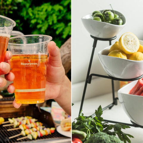 Composite image showing Repurpose brand cups and a 3-tiered food display