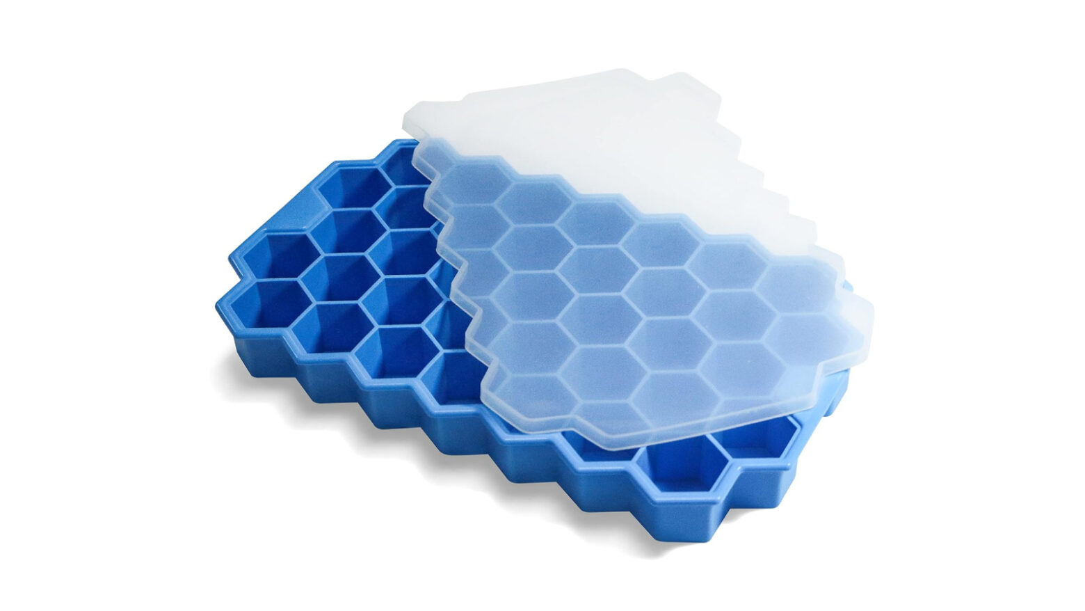 Blue ice cube tray with hexagonal molds and a lid