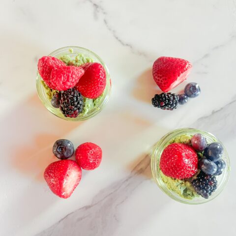 Above shot of matcha pudding cups finished.