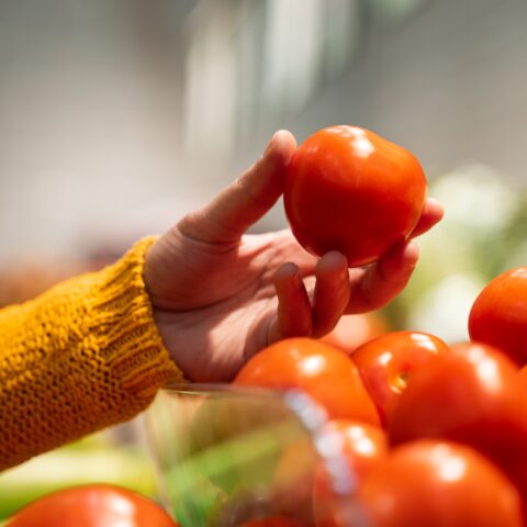 Close up of a woman holding a tomato above a pile of tomatoes in the produce section.