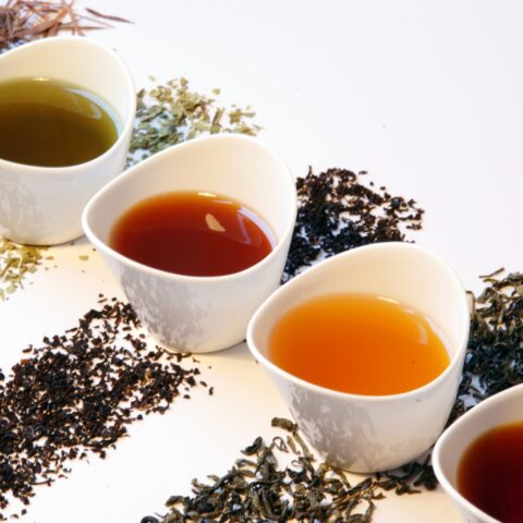 A line of various types of tea in white teacups.