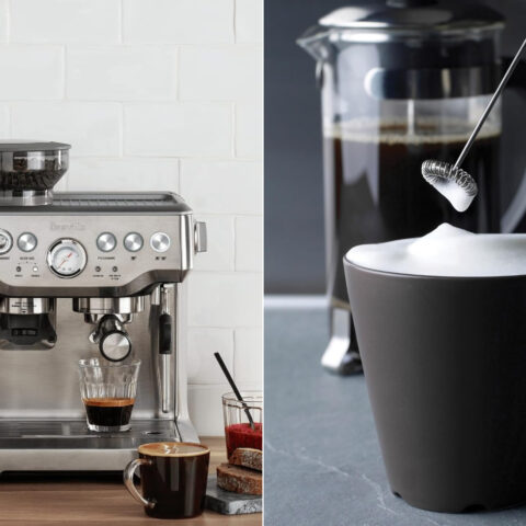Composite image of an espresso machine with various coffee drinks and a close-up of a mug with foam in front of a French press