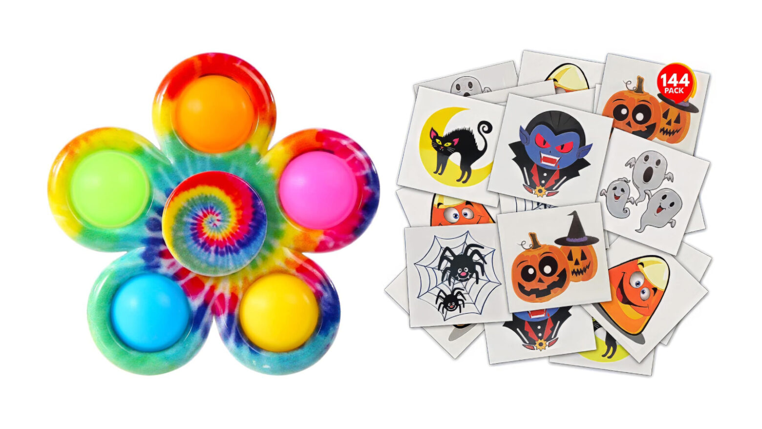 Rainbow fidget spinner next to a collection of Halloween-themed kids' temporary tattoos