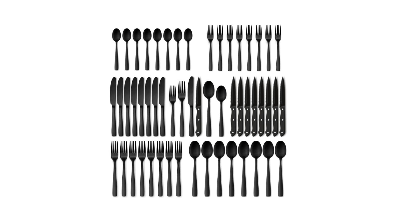 Matte black silverware set laid out in rows.