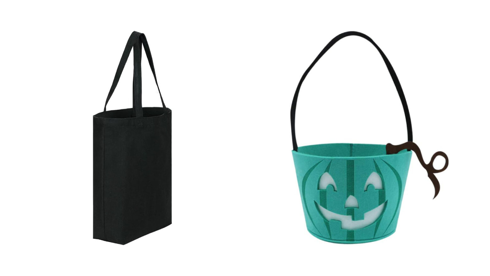 A rectangular black tote bag next to a teal felt pumpkin bucket.