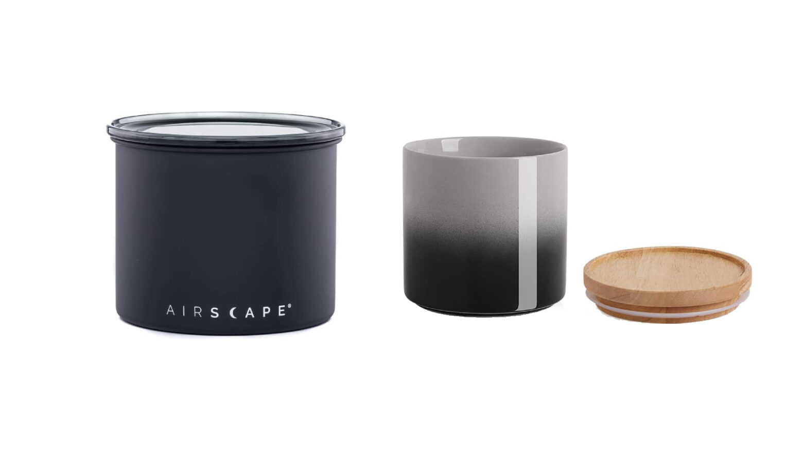 Two food canisters side by side, one with a wooden lid next to it.