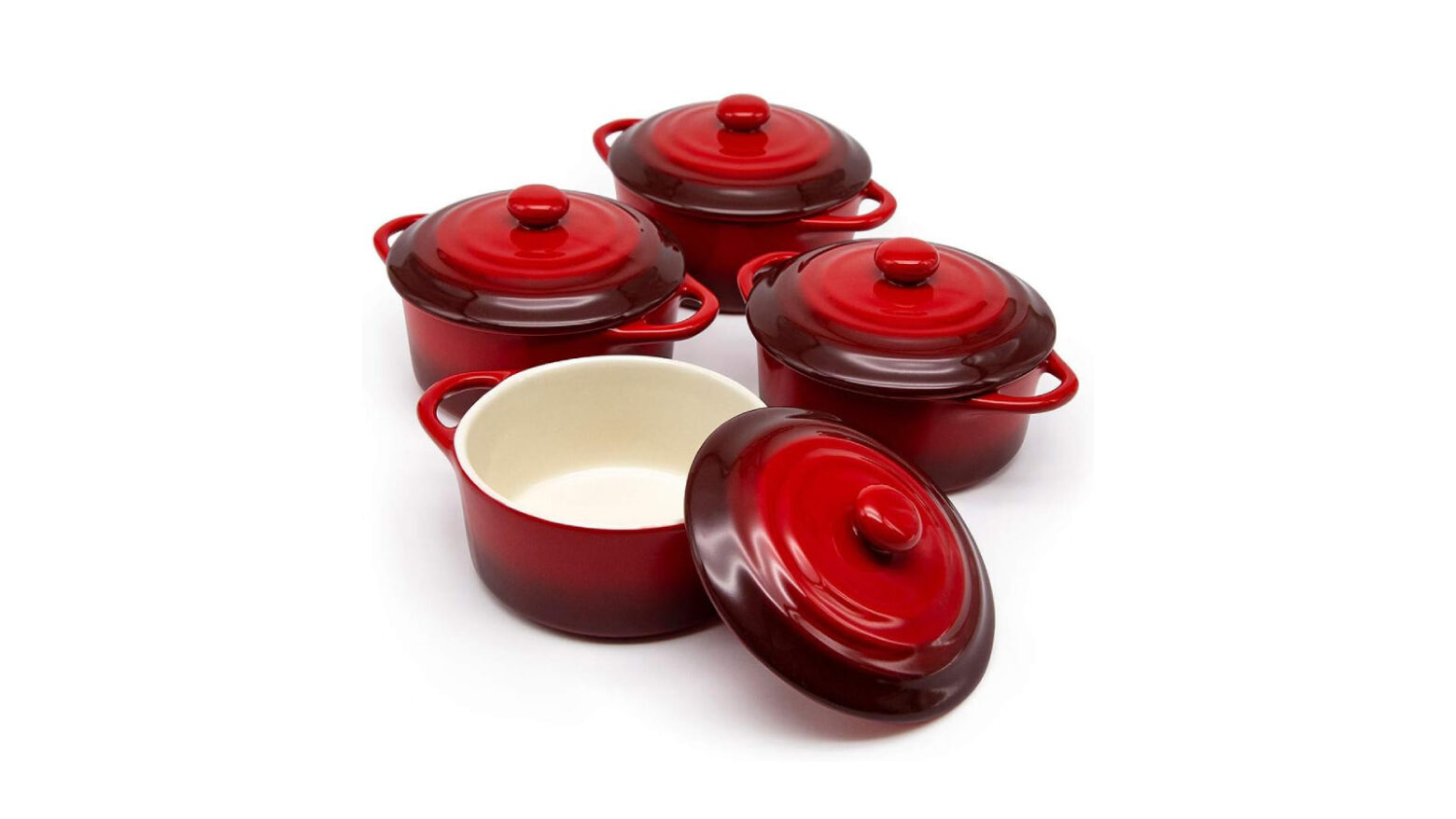 Set of four crimson cocottes.