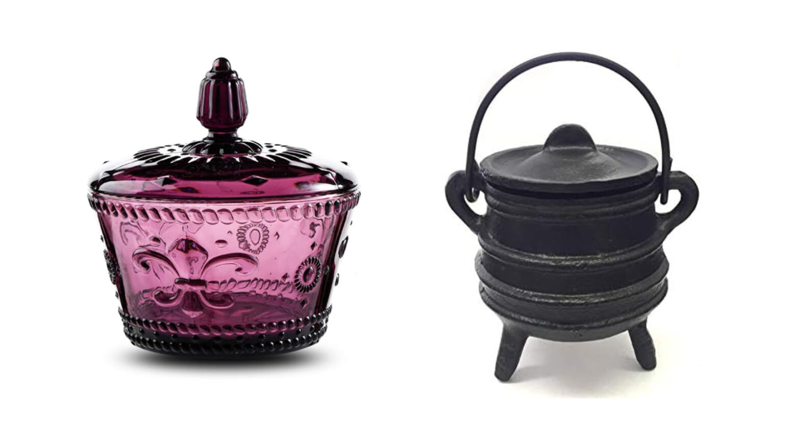 Composite image of a purple tinted ornate candy jar and a stand-alone cauldron.