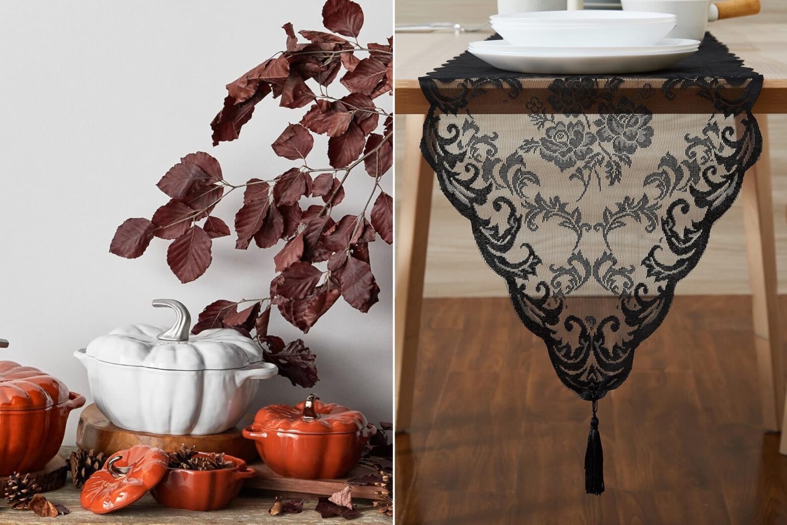 Composite image of various sizes and colors of pumpkin dishes next to a gothic lace table runner.