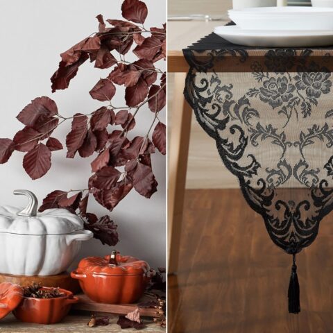 Composite image of various sizes and colors of pumpkin dishes next to a gothic lace table runner.