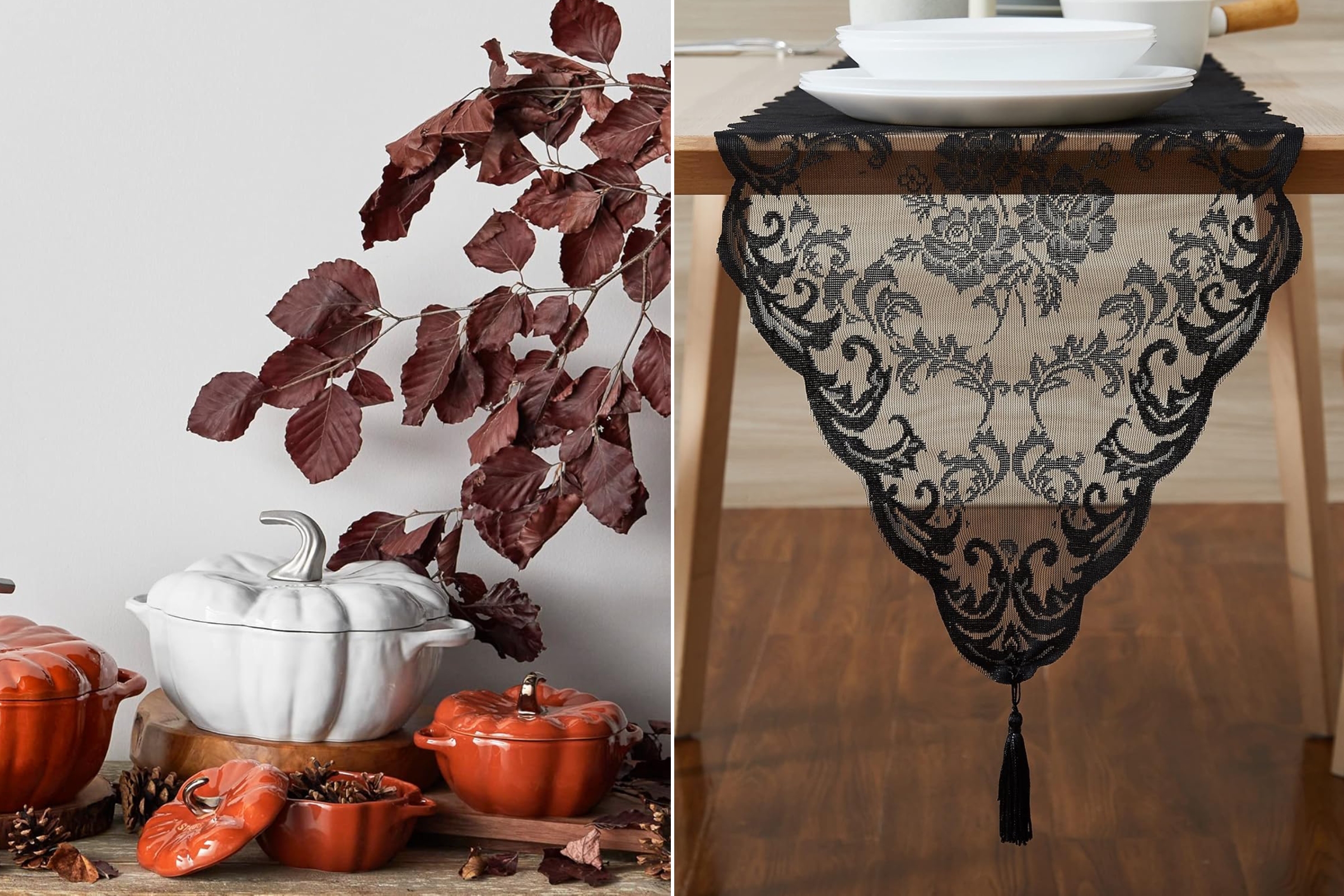 Composite image of various sizes and colors of pumpkin dishes next to a gothic lace table runner.