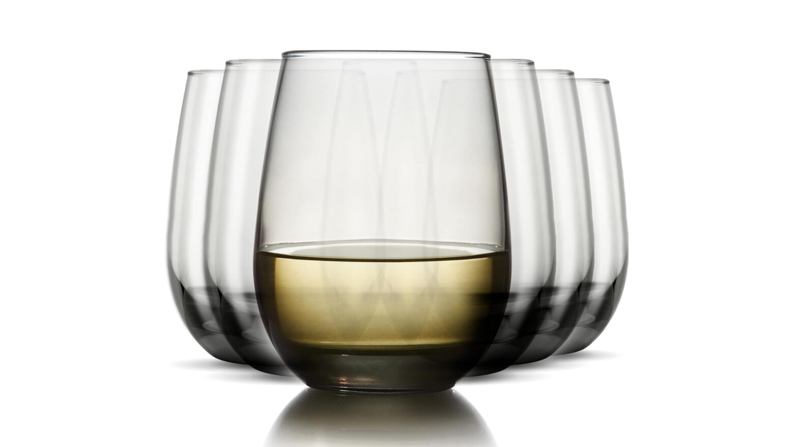 Smoke-tinted stemless wine glasses, with front glass holding wine.