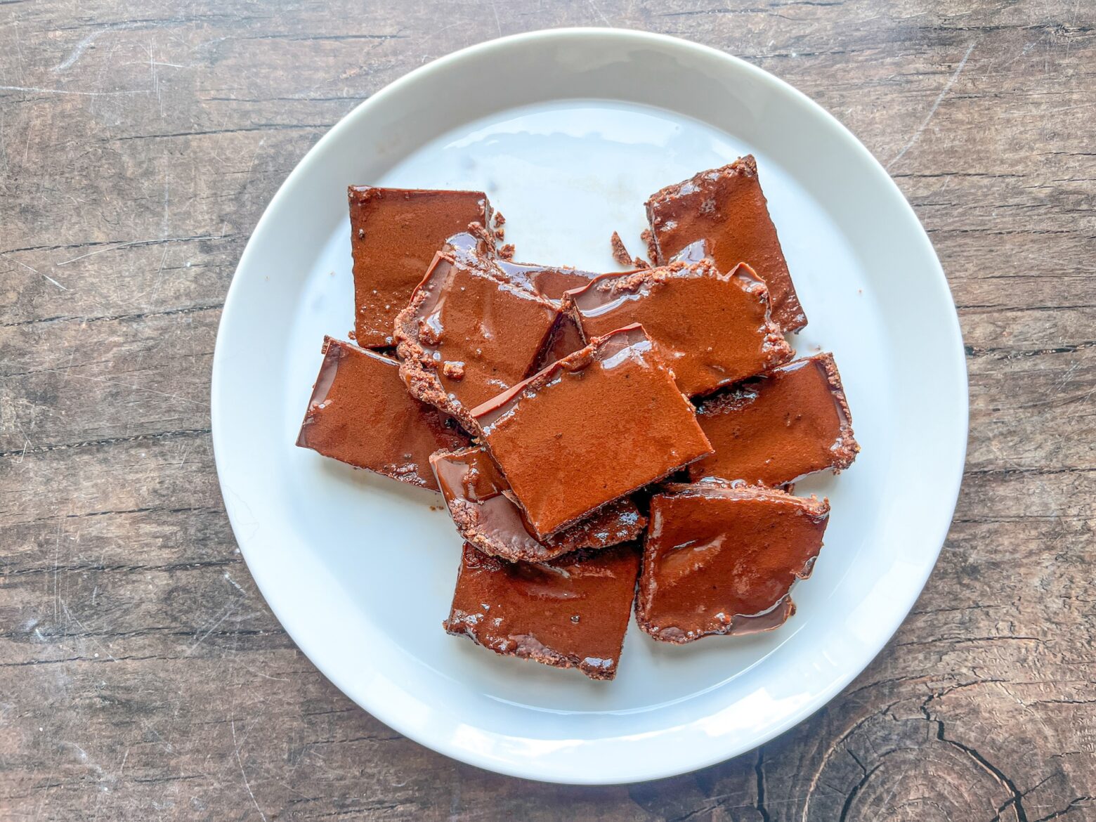 Homemade brownie bars finished and plated.
