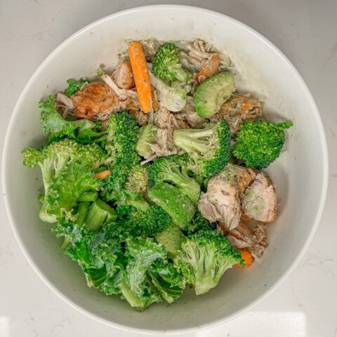 Above shot of a quick lunch salad finished.
