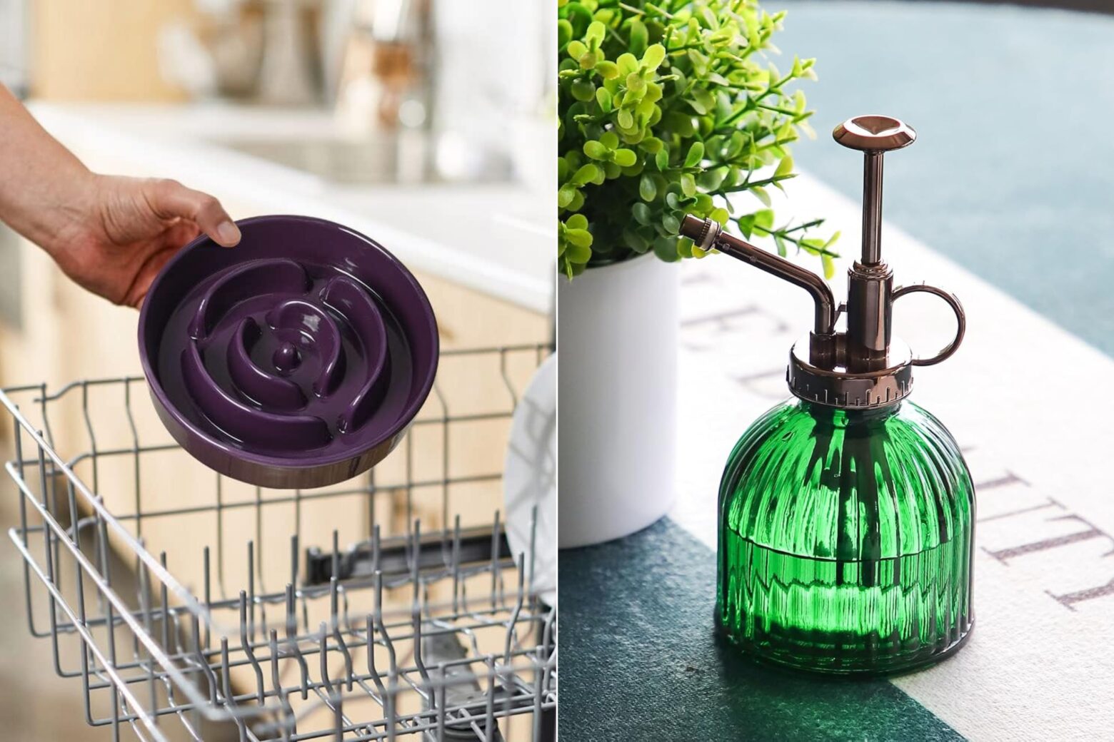 Composite image of a hand holding a pet food bowl and a vintage-style plant mister on a counter.