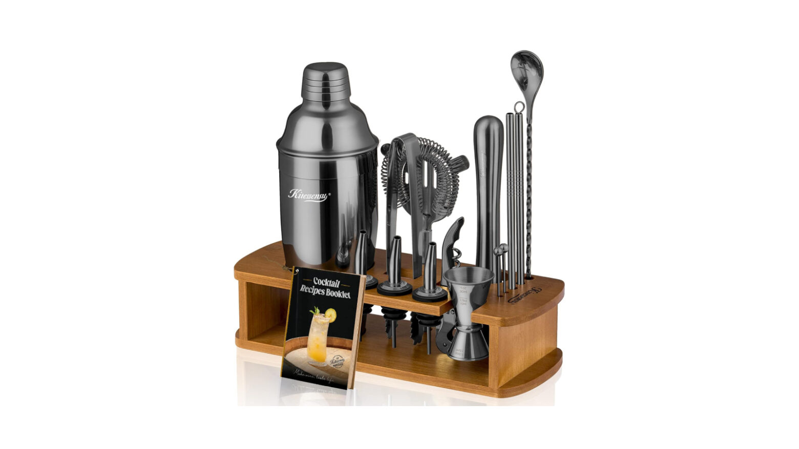 Gunmetal-finished cocktail set in a wooden stand