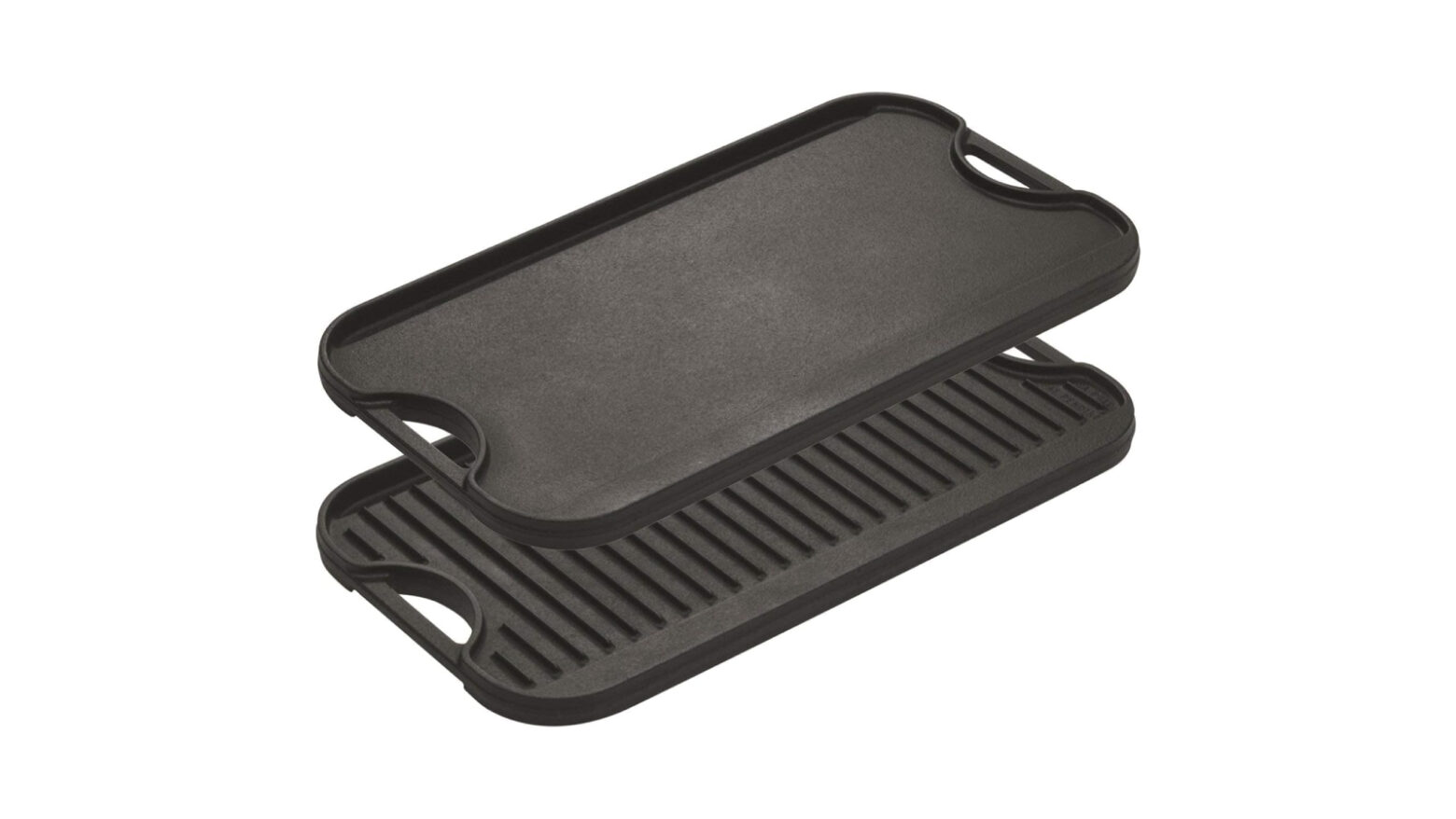 Large cast-iron griddle showing both reversible sides.