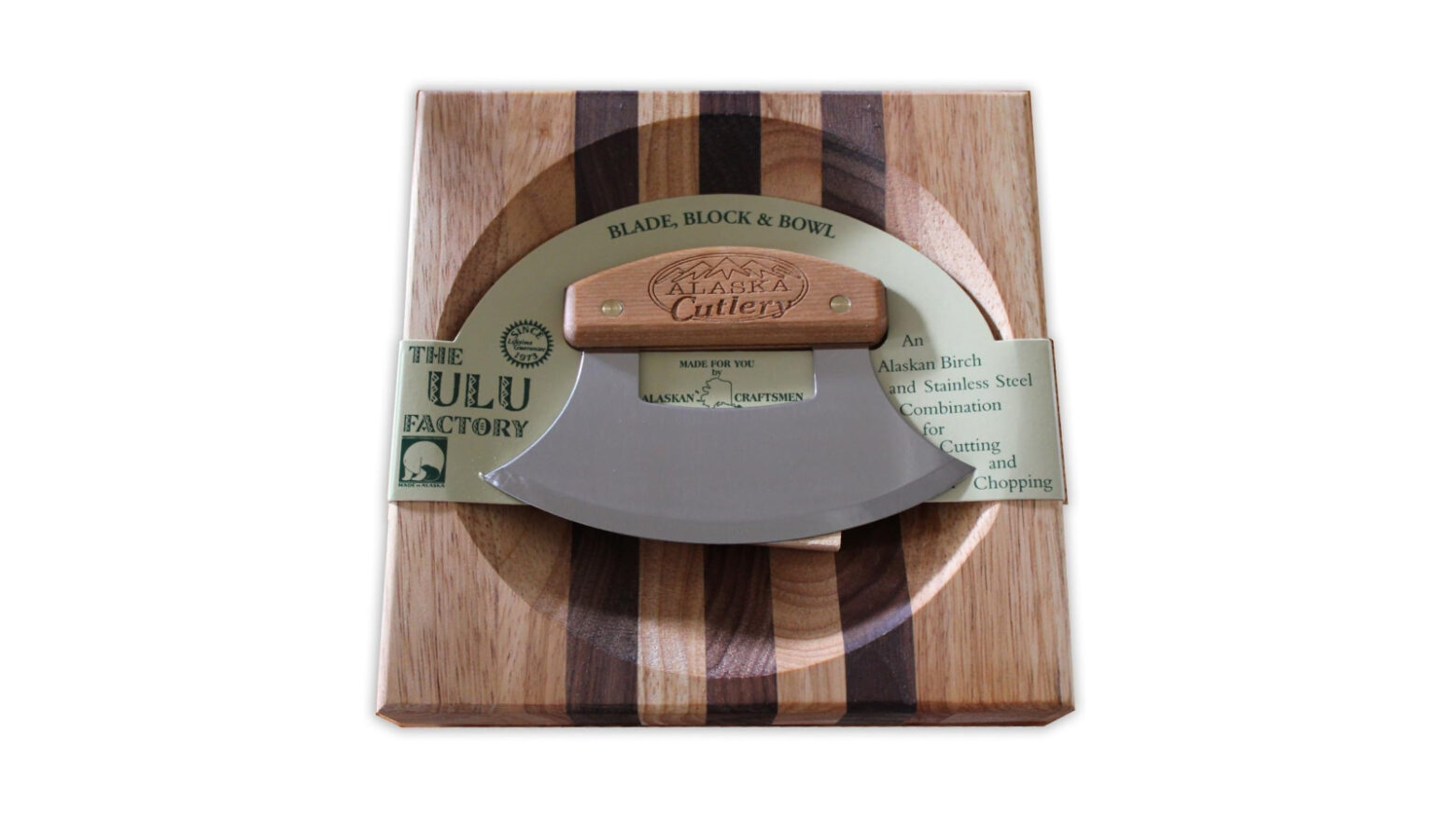 Ulu knife and bowl-shaped cutting board