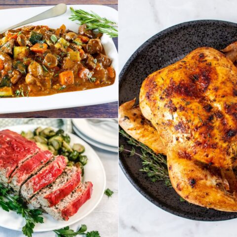 Collage of 3 easy dinner ideas: a beef stew, meatloaf, and roasted chicken
