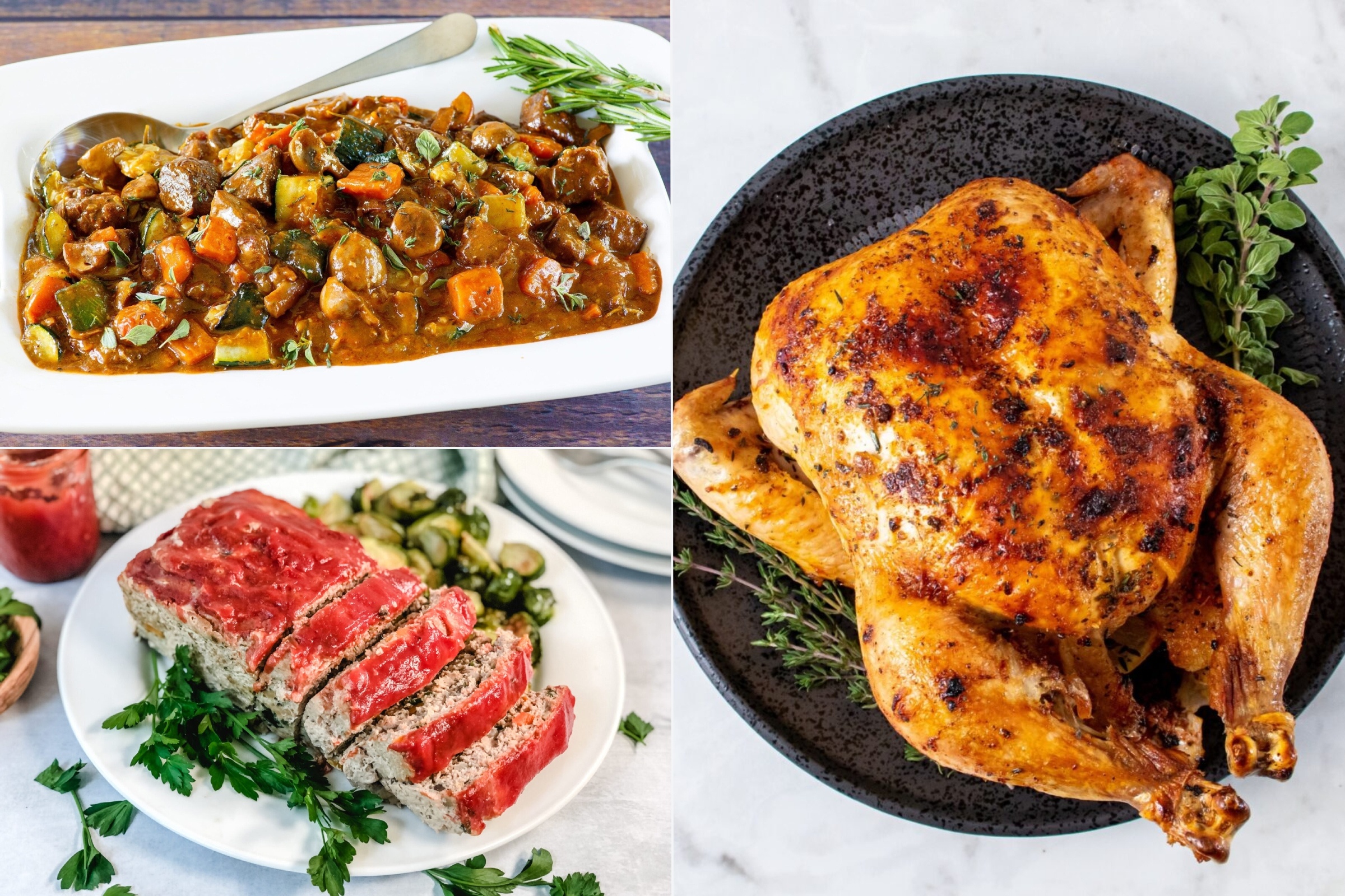 Collage of 3 easy dinner ideas: a beef stew, meatloaf, and roasted chicken
