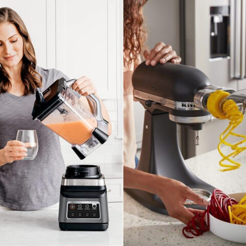 Composite image of a woman pouring a smoothie from a blender and another woman using a spiralizer to make veggie noodles.