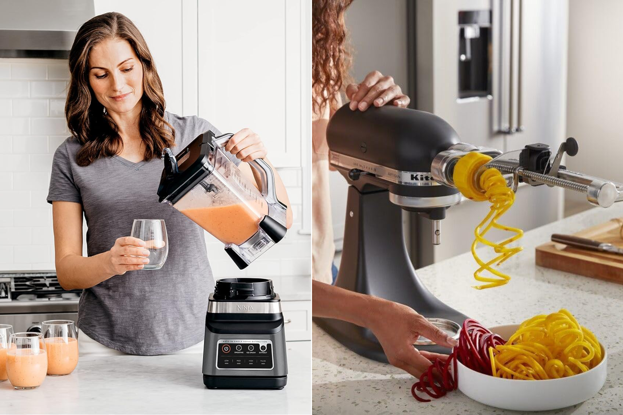 Composite image of a woman pouring a smoothie from a blender and another woman using a spiralizer to make veggie noodles.