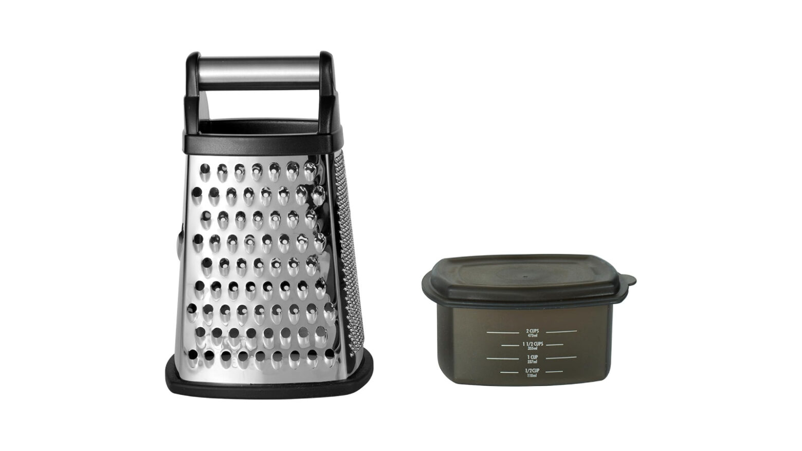 Box grater with plastic container attachment.